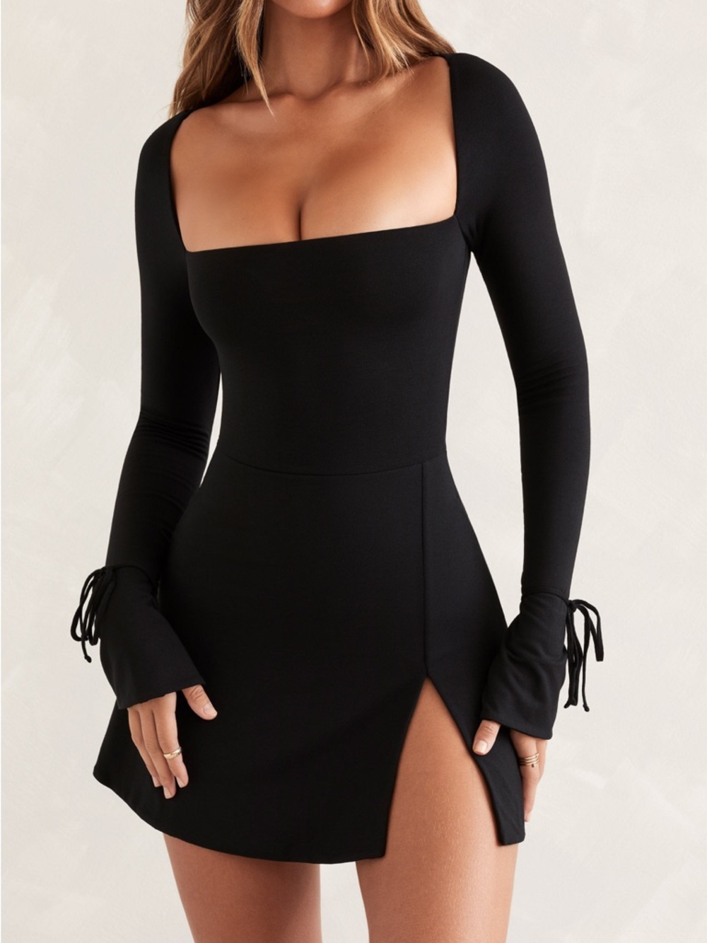 Oh Polly Baize Square Neck Long Sleeve Mini Dress - Black